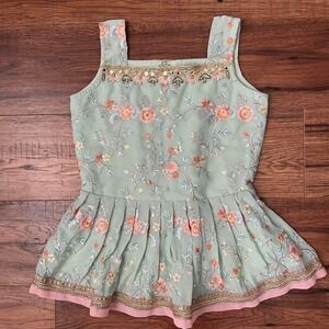 Vintage Pastel Green Peplum Top Floral Embroidery Sequin Women Small Fairy Boho